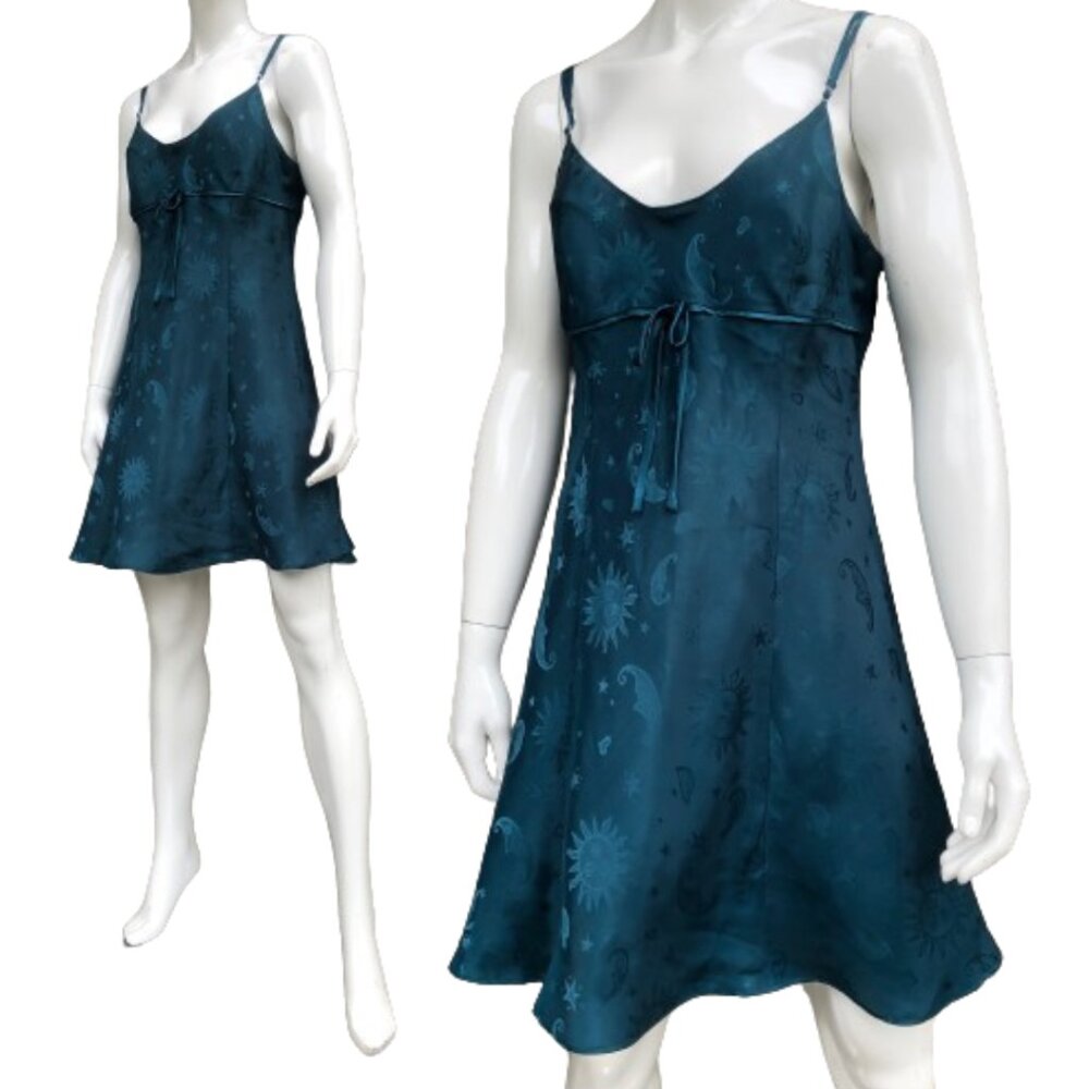 Vtg Celestial Fairy Sun Moon Stars Hearts Dark Green Satin Mini Slip Dress M/L